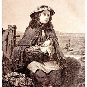 Girl At Docks Waits For Father Steel Engraving 1859 Victorian Nautical Art DWY5D